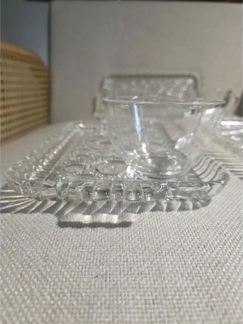 Vintage Anchor Hocking Colonial Lady Snack Set 4 Trays 4 Cups MCM Clear Glass